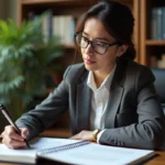 Femme réfléchissant à la grammaire française en bureau