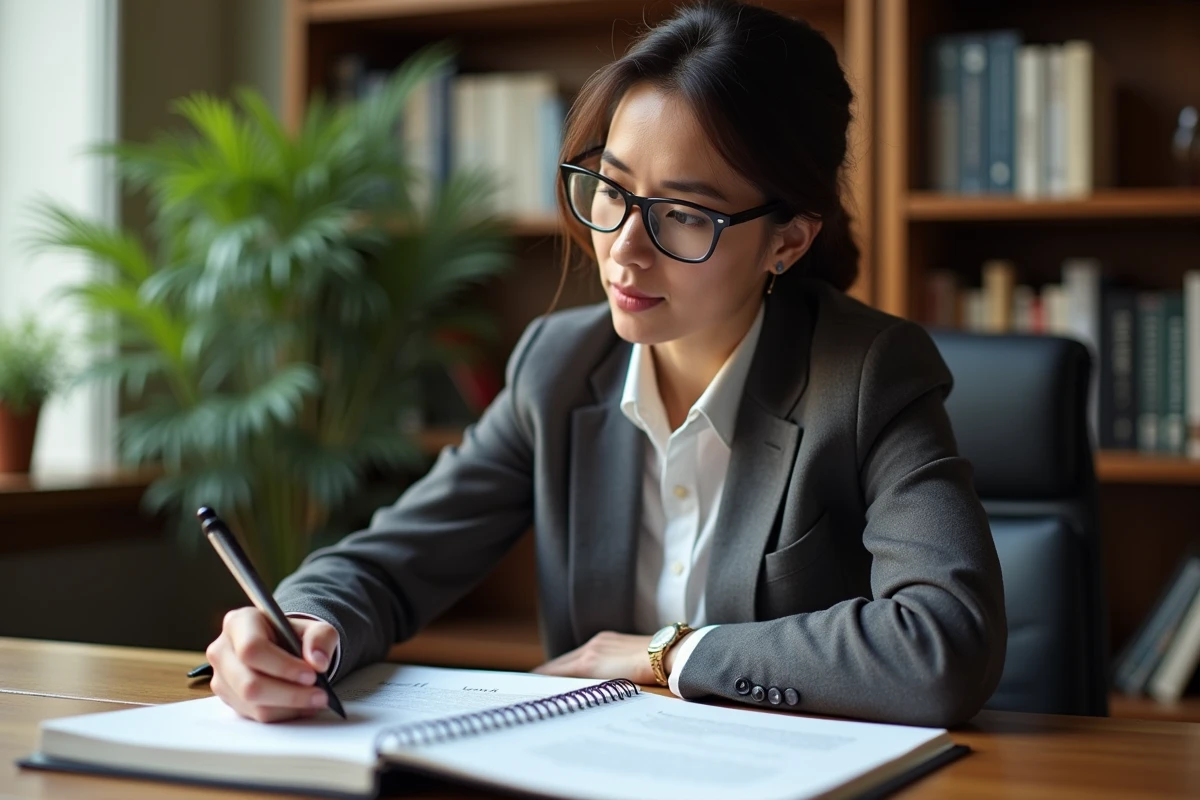 Femme réfléchissant à la grammaire française en bureau