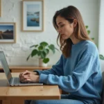 Femme concentrée sur son ordinateur pour réserver un vol
