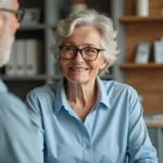 Femme senior souriante avec un professionnel de l'audition