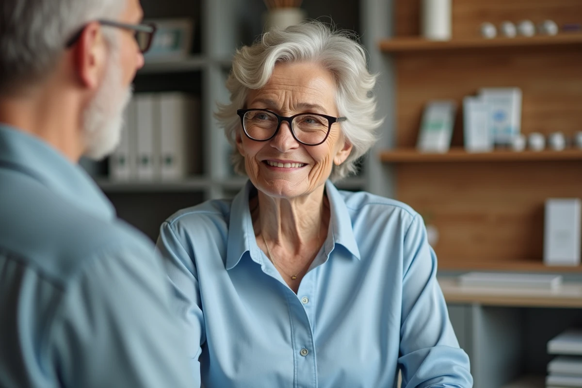 Femme senior souriante avec un professionnel de l'audition