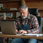 Homme fermier assis à un bureau rustique avec ordinateur portable