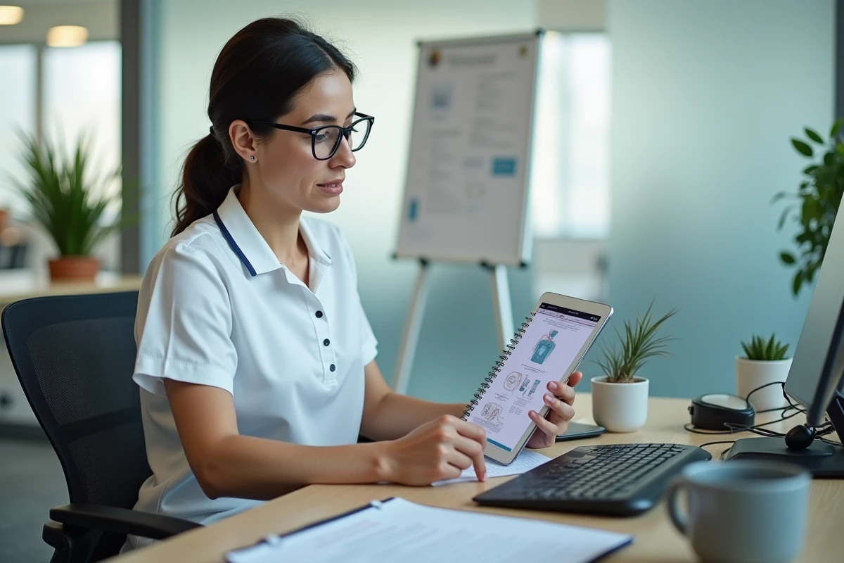 Formatrice en soins de santé consultant une liste de vérification de mise à niveau RCR Pro à son bureau avec une tablette et un module d'appareil