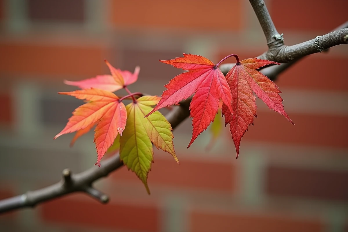 Gros plan sur les feuilles d'un érable du Japon en cours de décoloration automnale