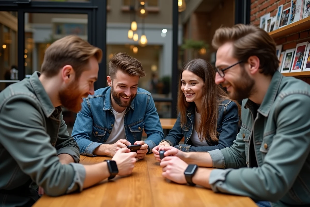 Groupe de quatre passionnés de tech discutant en café