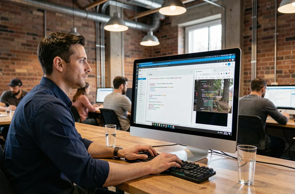 Homme en train de coder un site internet dans un espace de coworking moderne avec un grand moniteur affichant un tutoriel de développement web
