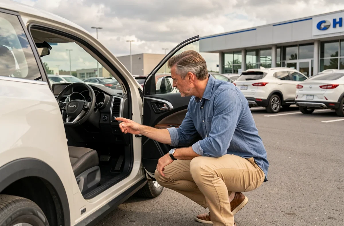 Homme inspectant l'intérieur d'un SUV compact dans un parking de concession pour comparer les offres du moment