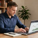 Homme analysant des graphiques financiers sur un ordinateur portable dans un bureau à domicile moderne, illustrant les débuts dans l'investissement