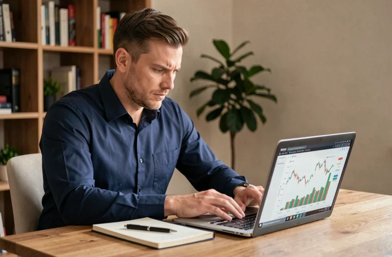 Homme analysant des graphiques financiers sur un ordinateur portable dans un bureau à domicile moderne, illustrant les débuts dans l'investissement