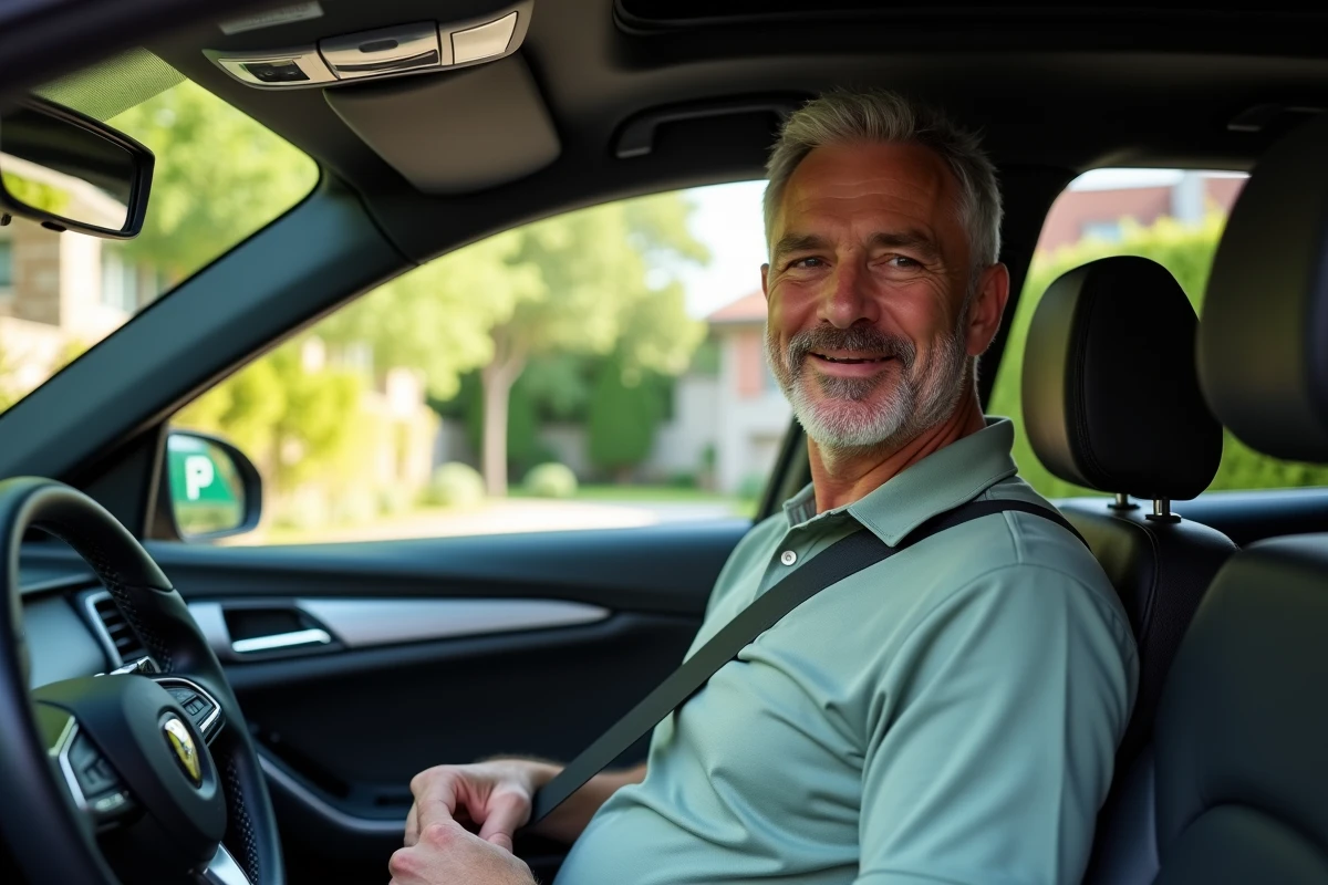 Homme italien attachant sa ceinture dans une voiture
