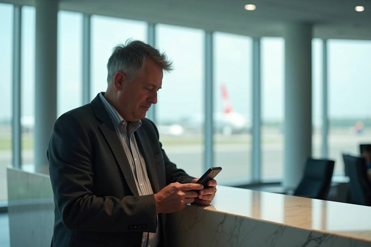Homme vérifiant sa réservation dans un lounge aéroport