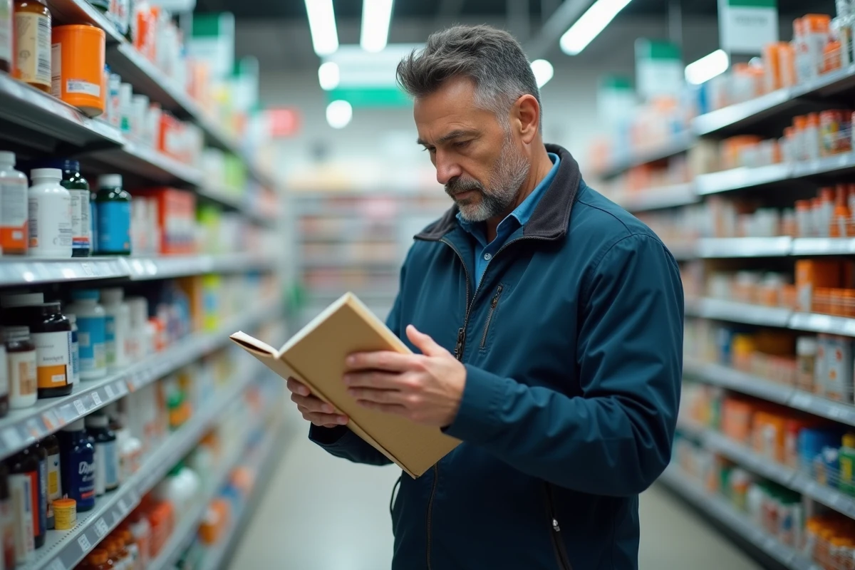 Homme en pharmacie lisant attentivement l'étiquette d'un complément alimentaire pour vérifier les effets indésirables
