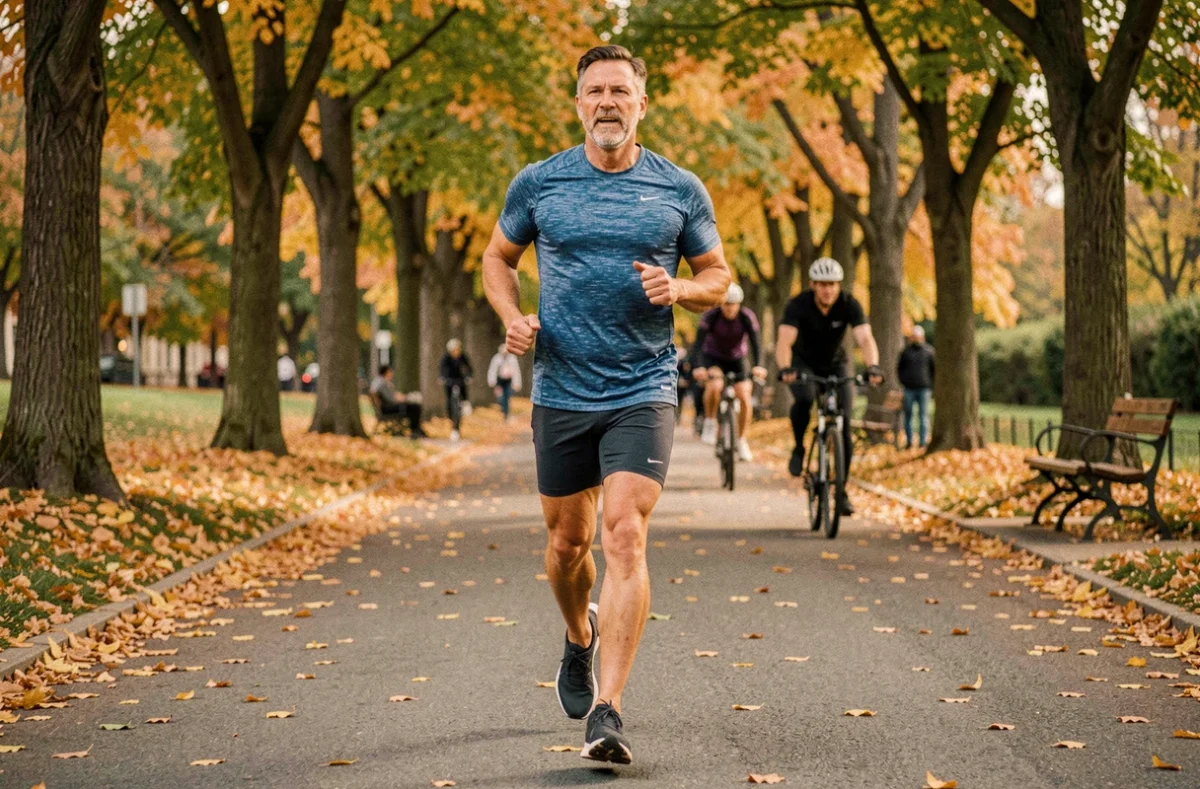 Homme de 40 ans qui court dans un parc urbain en automne, symbole du fitness intégré au quotidien pour améliorer le bien-être