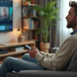 Homme détendu regardant la TV dans un salon moderne