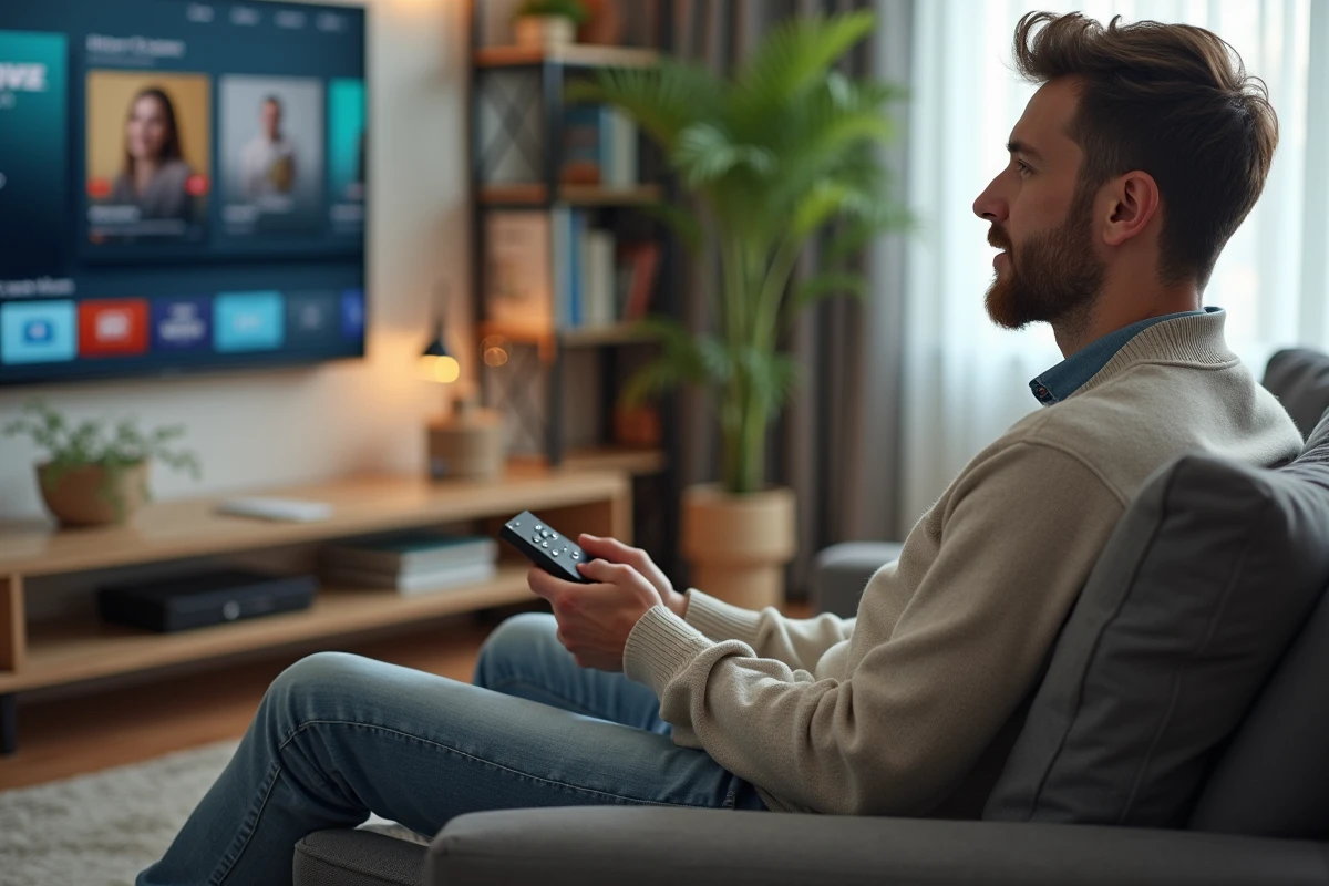 Homme détendu regardant la TV dans un salon moderne