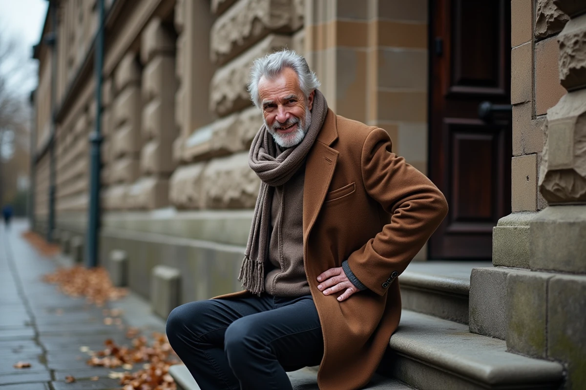 Homme âgé sur un escalier en pierre en automne