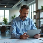 Ingénieur géomatique homme examine rapport sur tablette