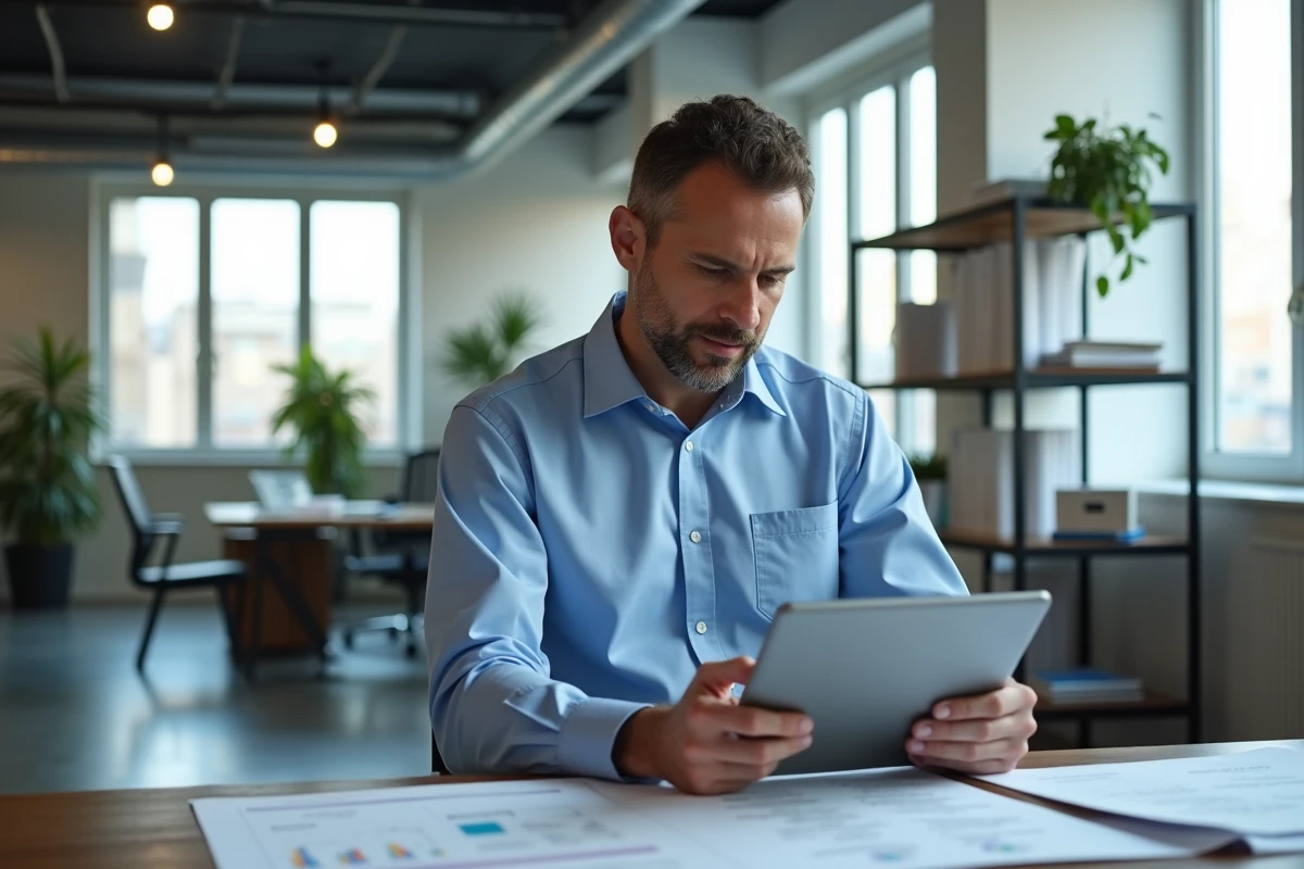 Ingénieur géomatique homme examine rapport sur tablette