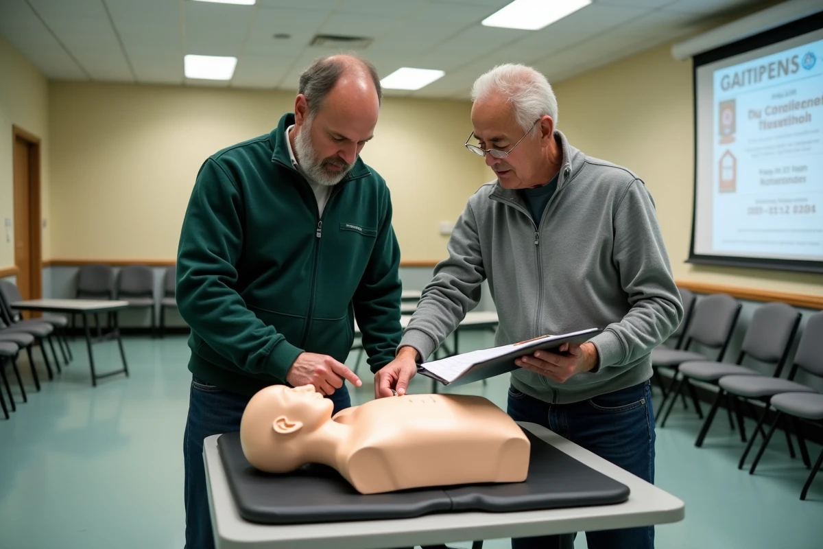 Deux instructeurs en secourisme collaborant sur la mise à niveau d'un mannequin de RCR Pro dans une salle de formation communautaire