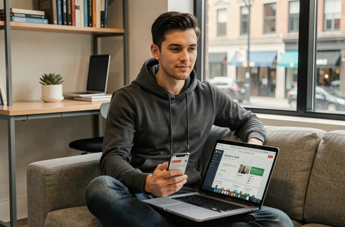 Jeune entrepreneur travaillant sur une plateforme numérique pour développer son activité commerciale en ligne depuis son bureau