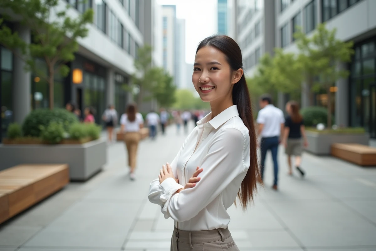 Jeune femme entrepreneure dans une place urbaine dynamique