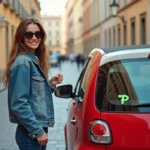 Jeune femme italienne souriante à côté d'une voiture rouge