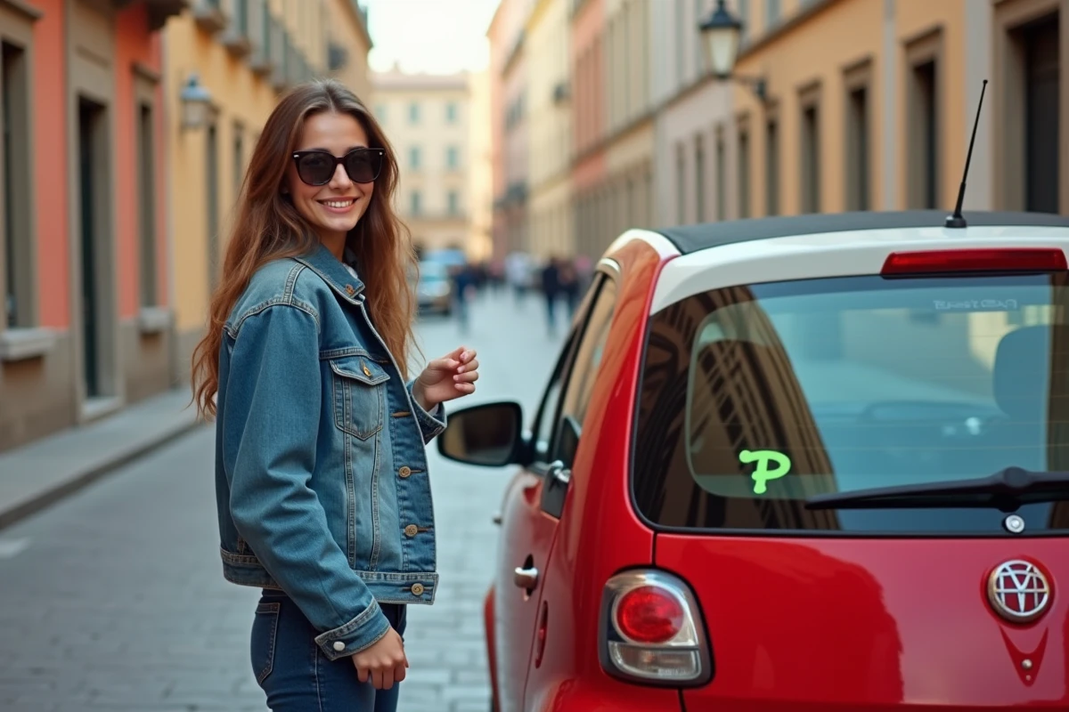 Jeune femme italienne souriante à côté d'une voiture rouge