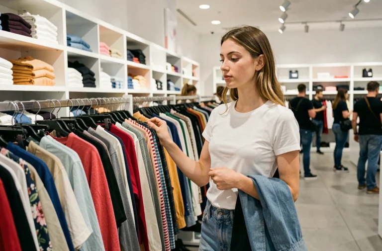 Jeune femme faisant du shopping dans un magasin de fast fashion à Paris, feuilletant des vêtements colorés sur des portants