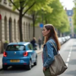 Jeune femme en denim vérifiant un panneau de stationnement à Rennes