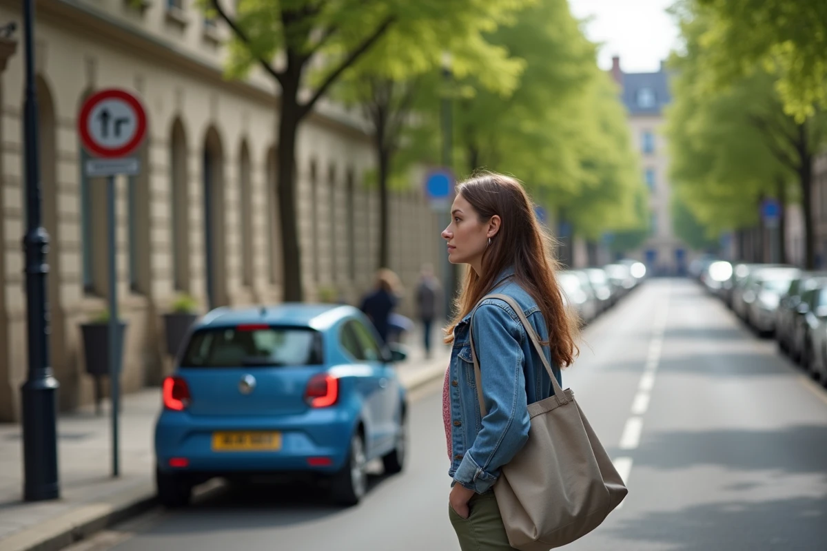Jeune femme en denim vérifiant un panneau de stationnement à Rennes