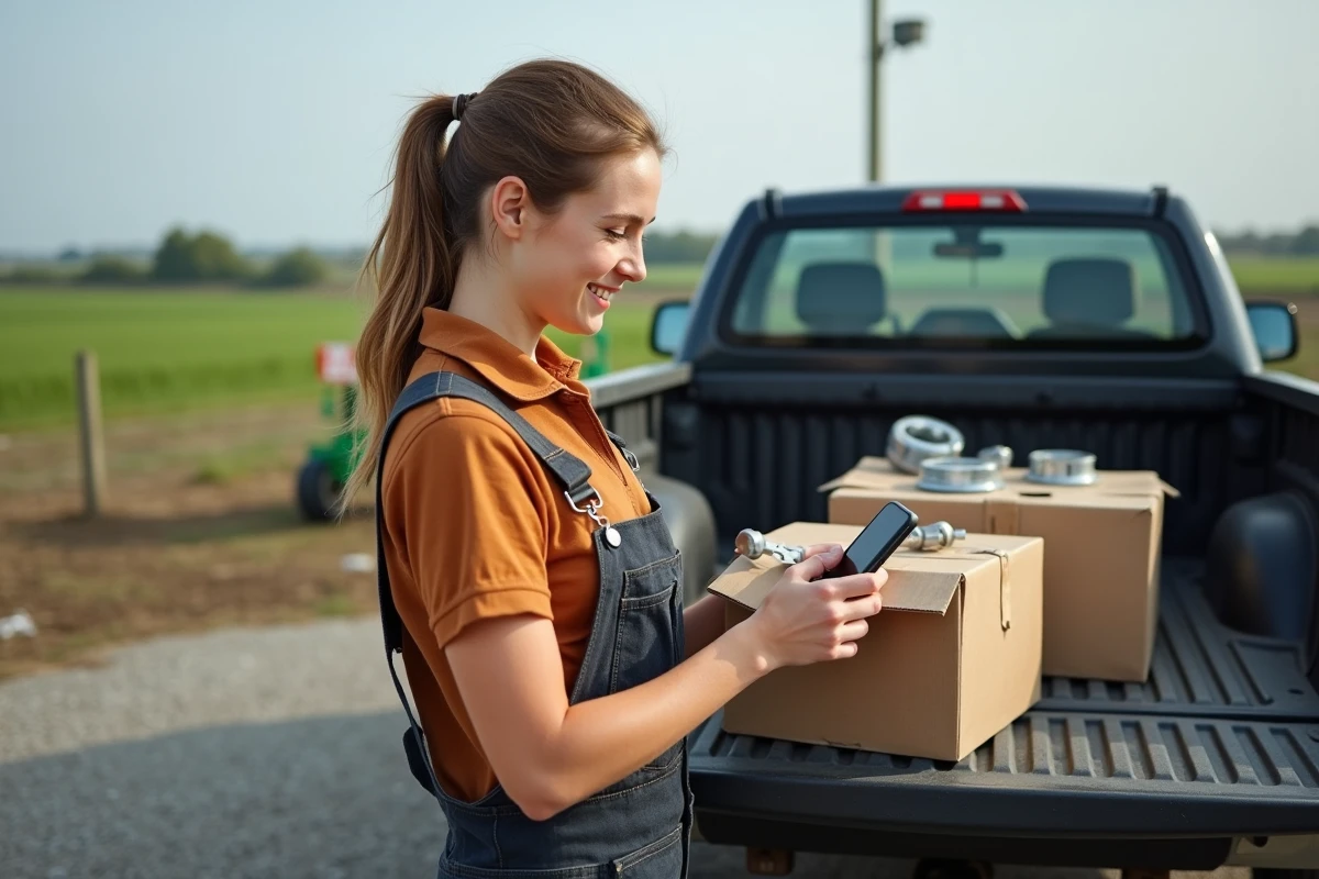 Jeune femme agricole souriante avec pièces de tracteur dans un pickup
