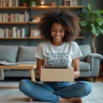 Jeune femme déballant un gadget dans un salon cosy