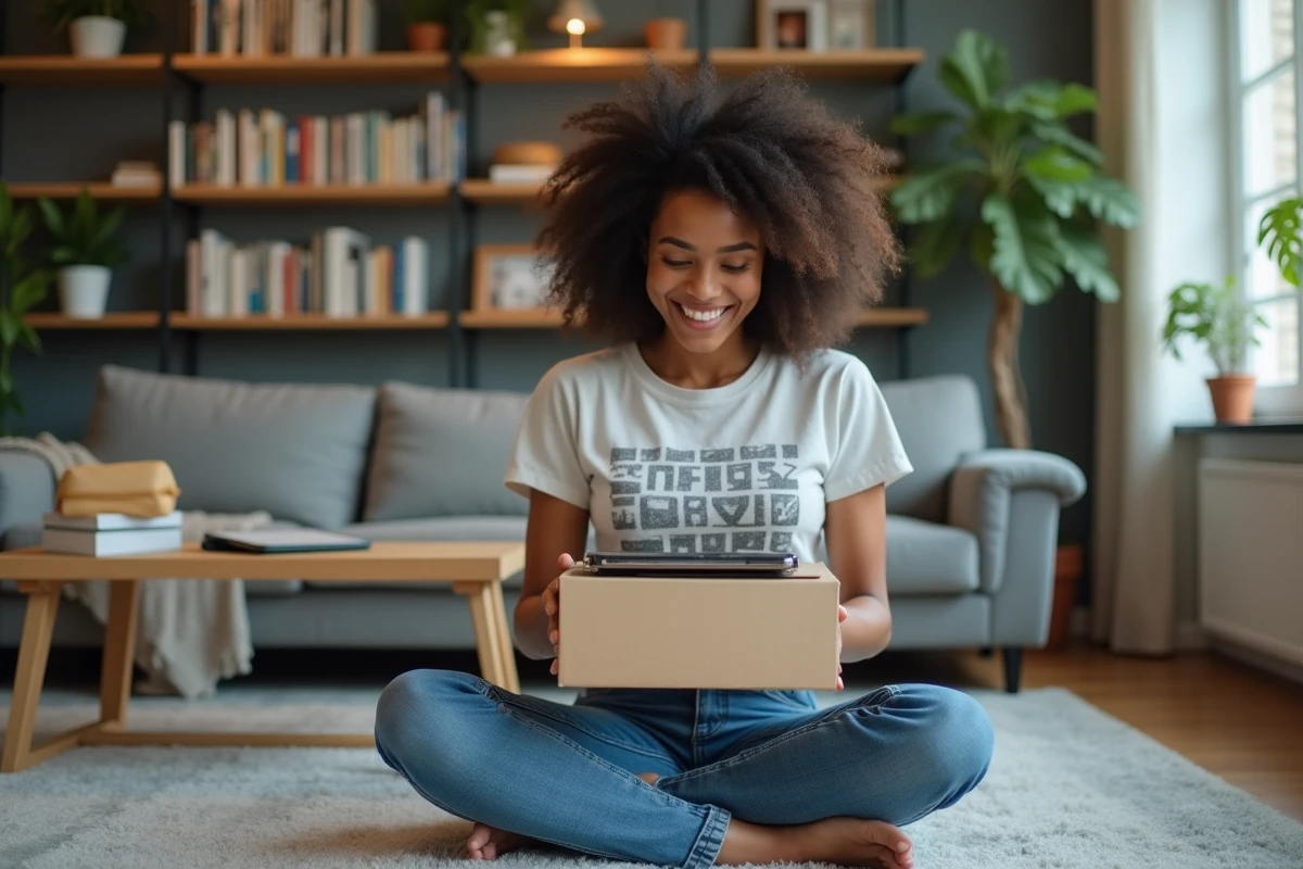 Jeune femme déballant un gadget dans un salon cosy