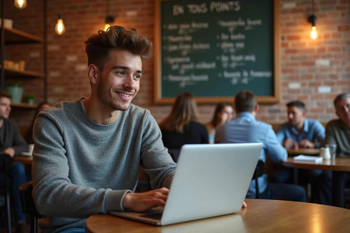 Jeune homme au café utilisant un ordinateur portable