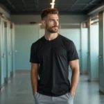 Jeune homme en t-shirt noir dans une douche moderne de fitness
