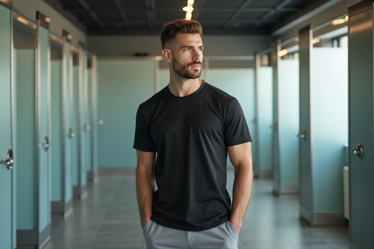 Jeune homme en t-shirt noir dans une douche moderne de fitness