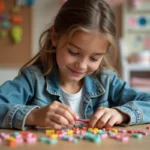 Adolescente créant un bracelet de perles colorées à son bureau, kit DIY tendance pour ados