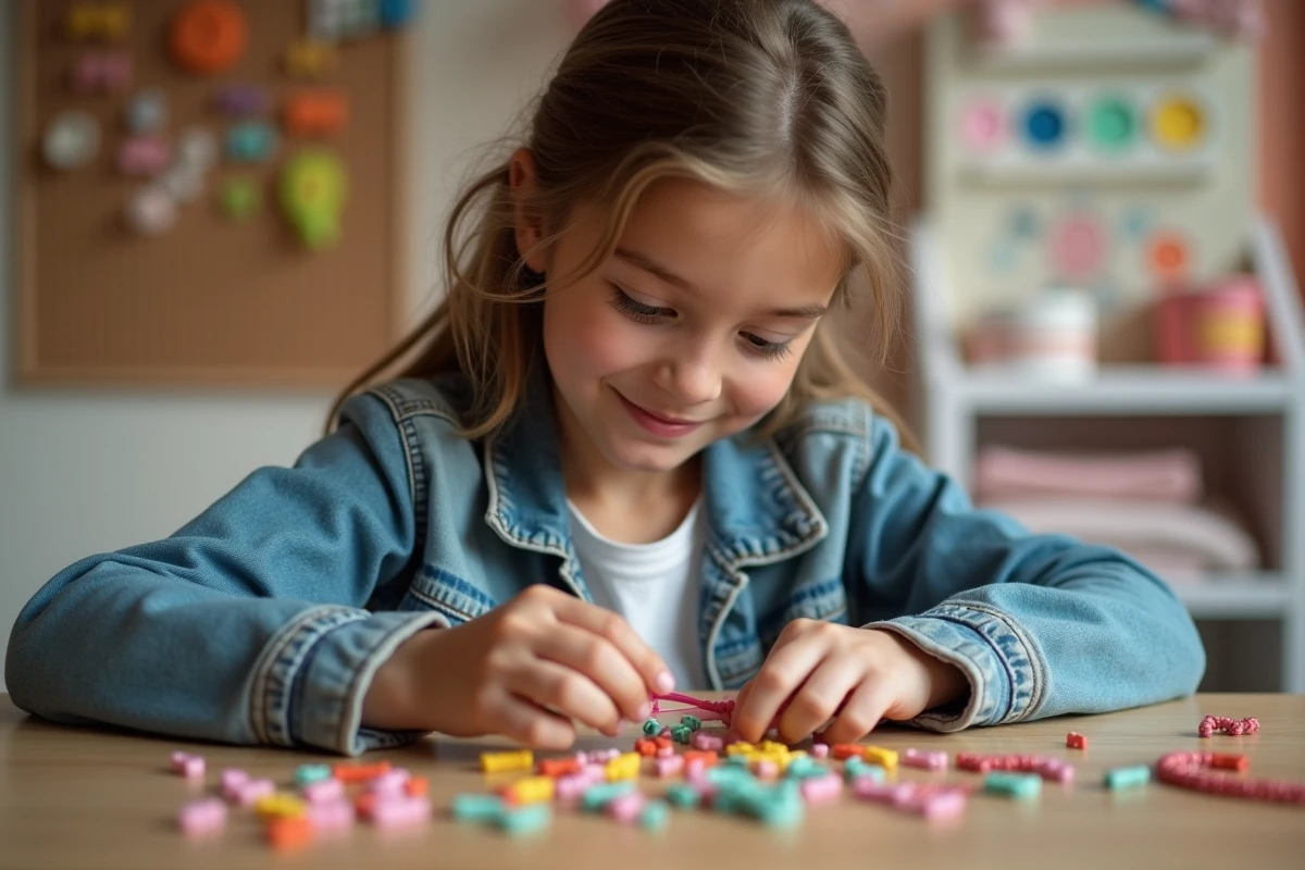 Adolescente créant un bracelet de perles colorées à son bureau, kit DIY tendance pour ados