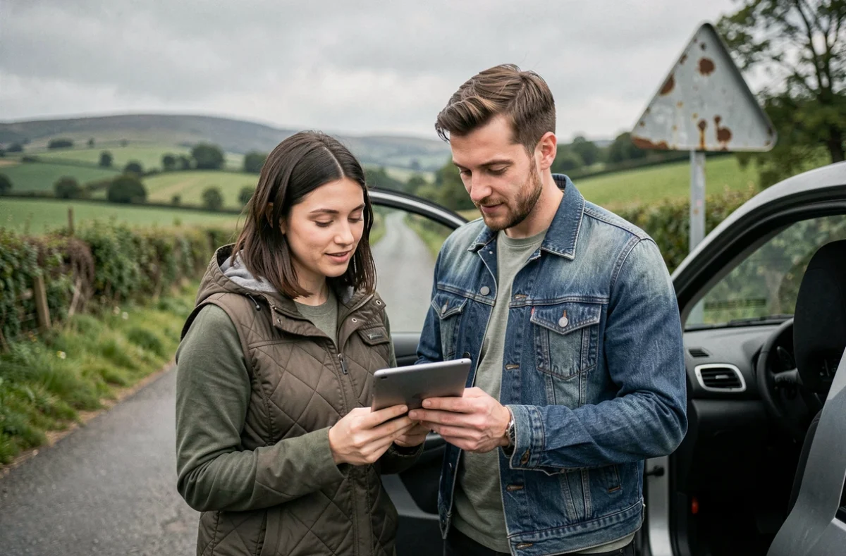 Deux voyageurs consultant une application de navigation à côté d'une voiture de location en campagne
