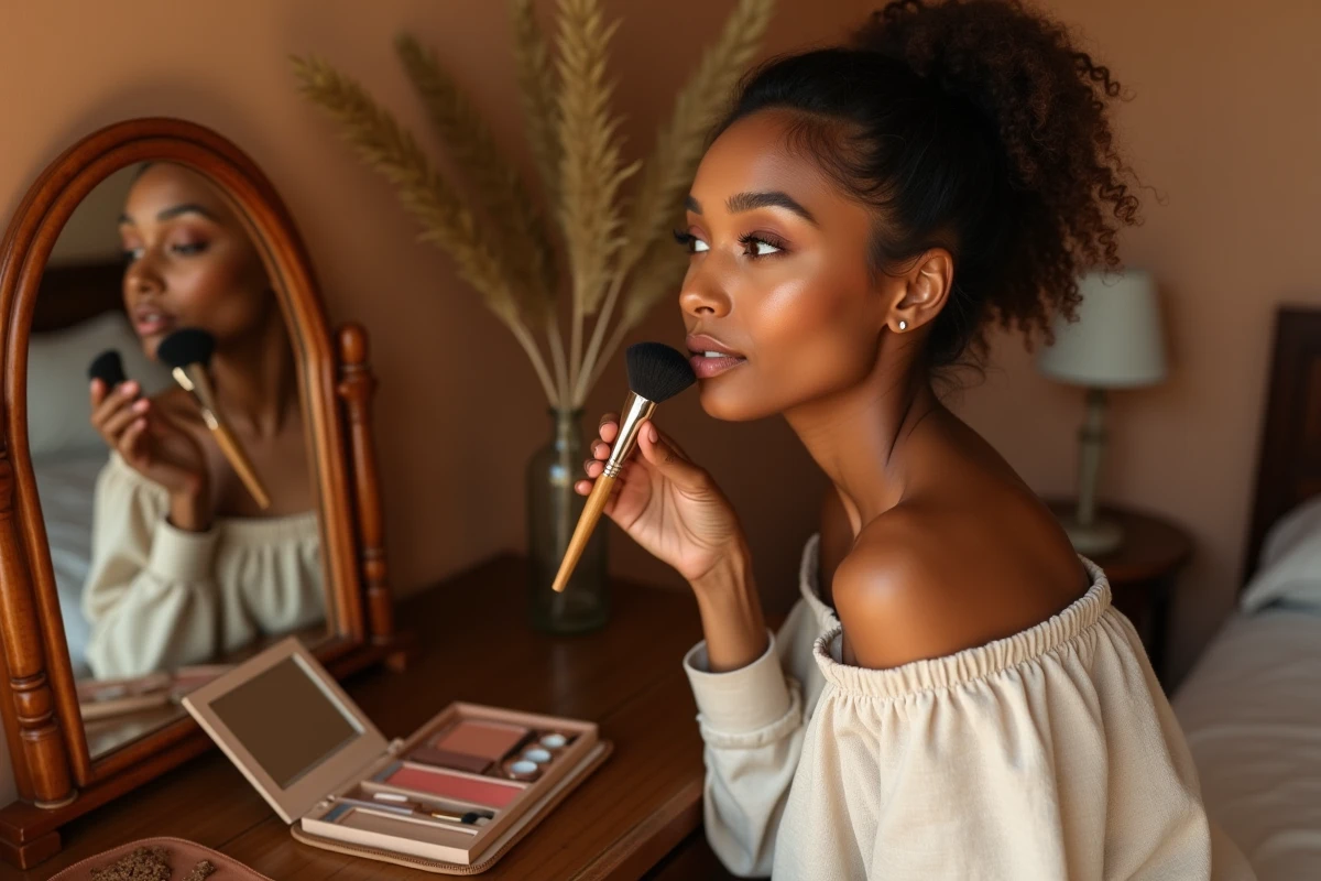 Young woman applying terracotta blush in front of a rattan mirror, trendy natural beauty makeup and warm shades