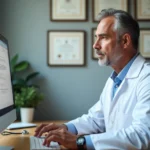 Médecin consultant un site spécialisé en santé sur son ordinateur de bureau dans un cabinet médical moderne
