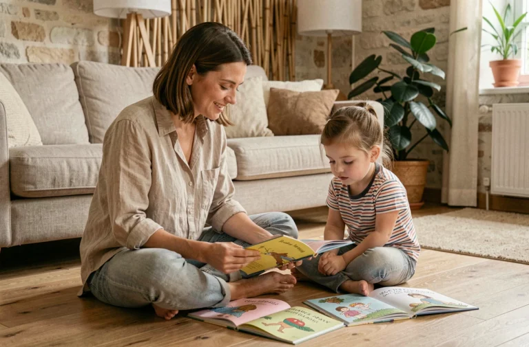 Mère et fille assises sur le parquet lisant des livres illustrés ensemble dans un salon familial chaleureux