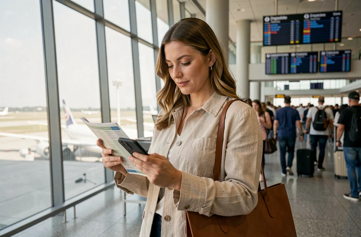 Femme consultant son itinéraire de voyage et son smartphone dans un aéroport international animé