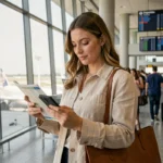 Femme consultant son itinéraire de voyage et son smartphone dans un aéroport international animé