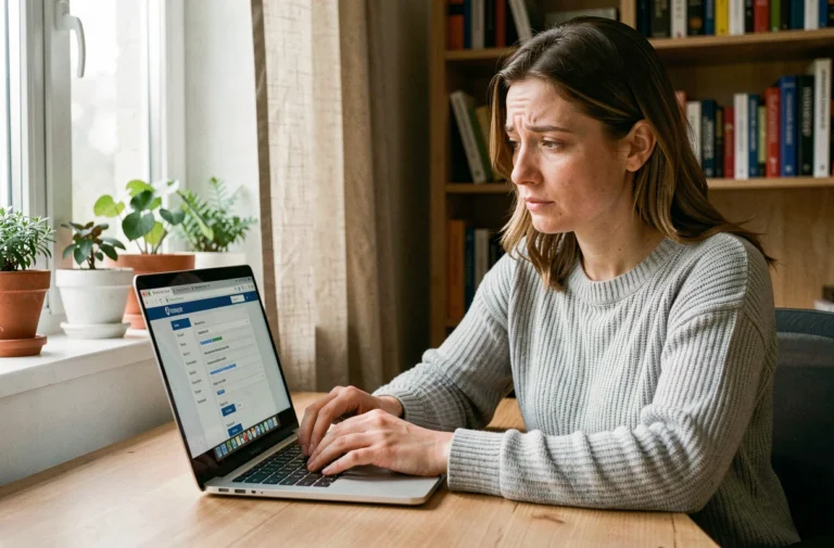 Femme consultant les paramètres IMAP de sa messagerie sur un ordinateur portable dans un bureau à domicile