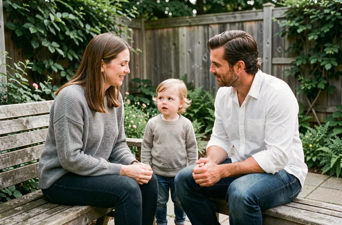 Parents discutant calmement avec leur enfant dans un jardin extérieur lors d'un moment d'éducation bienveillante