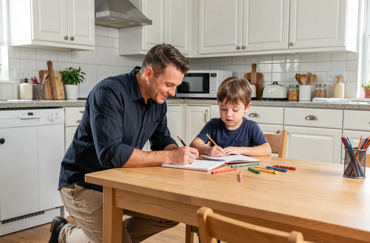 Père aidant son fils à faire ses devoirs à la table de cuisine dans un environnement domestique authentique