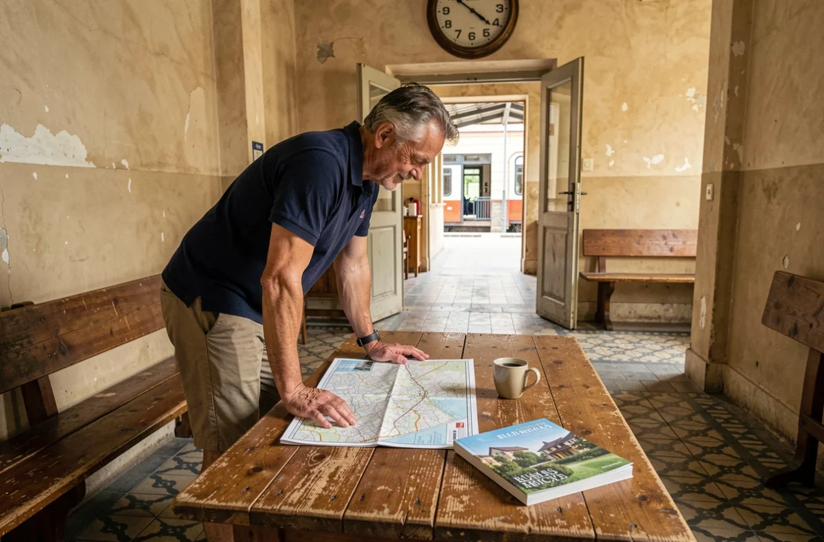 Voyageur étudiant une carte de train régional dans une salle d'attente de gare européenne
