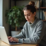 Femme vérifiant les précautions de sécurité avant de se connecter sur un site en ligne depuis son bureau à domicile