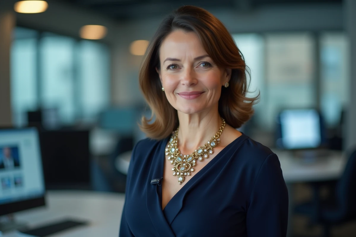 Présentatrice en robe bleu marine et collier en or et pierres colorées devant un décor de salle de presse